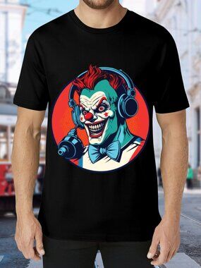 Black Tee with Colorful Radio Host Clown Graphic